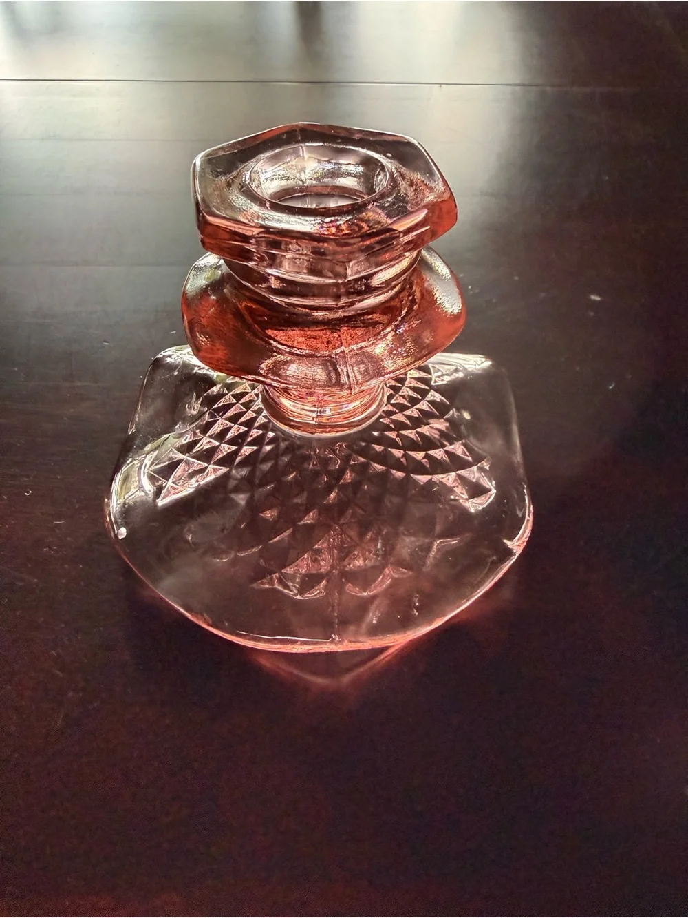 Pink Depression Glass Candle Holder with Unique Scalloped & Patterned Base EC